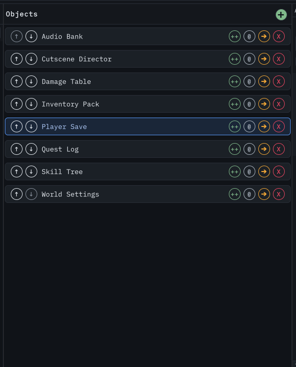 Clone, rename, move, and delete controls on the object rows