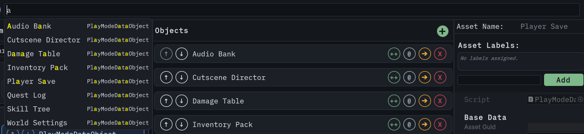Global search popover over the header search field, listing the matched assets with their types