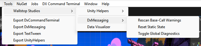 Tools menu showing DxMessaging Rescan Base-Call Warnings entry