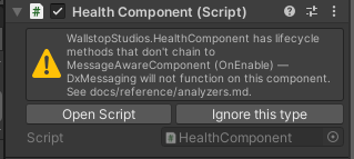 HealthComponent Inspector with the missing-base-call HelpBox visible
