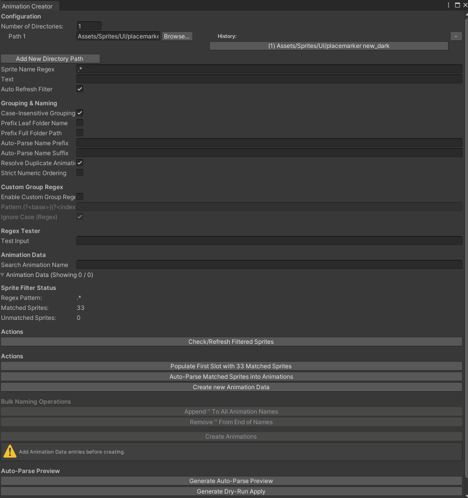 Animation Creator auto-parse workflow showing sprites being grouped and clips generated