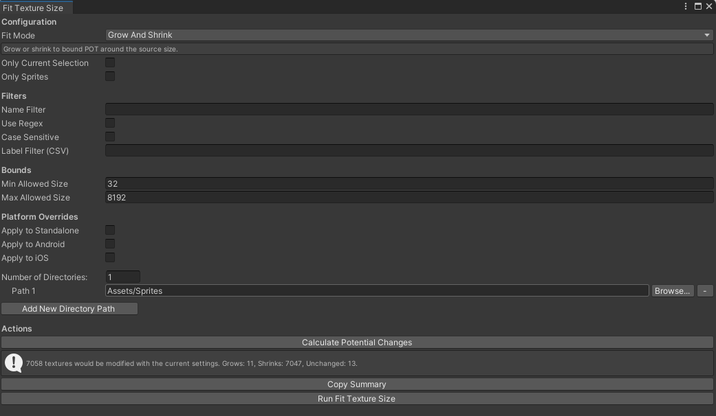 Fit Texture Size window showing fit mode options and preview