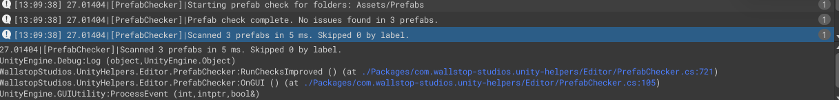 Prefab Checker results in console showing detected issues