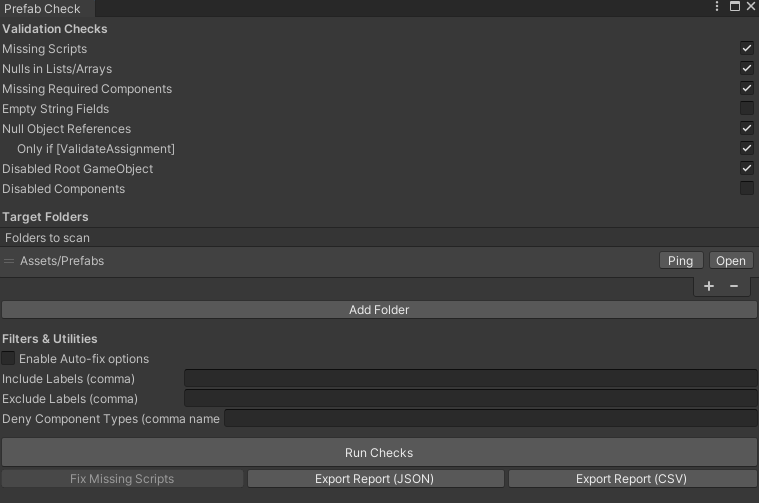 Prefab Checker window showing validation check options