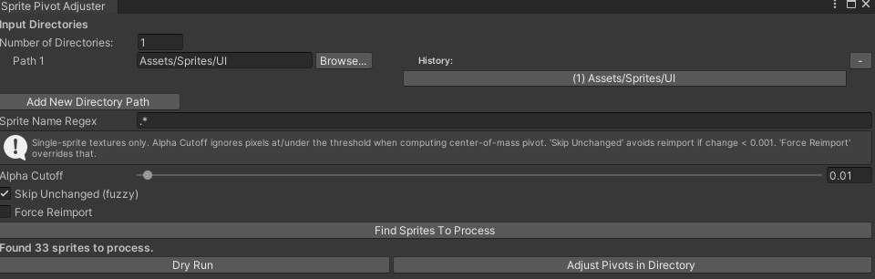 Sprite Pivot Adjuster window showing alpha-weighted pivot calculation