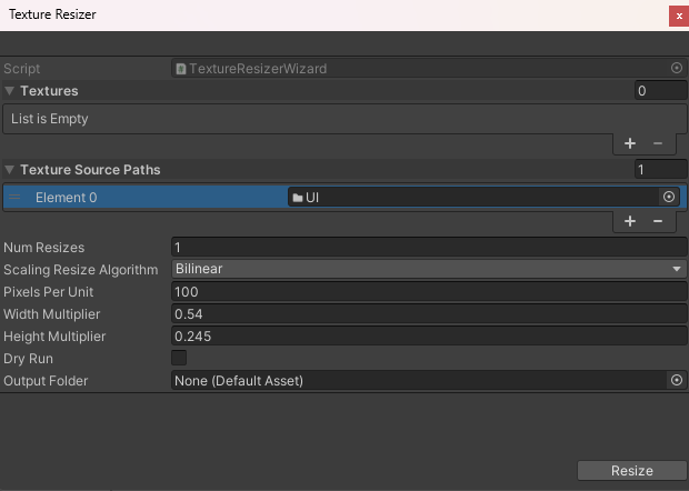 Texture Resizer window showing resize algorithm options