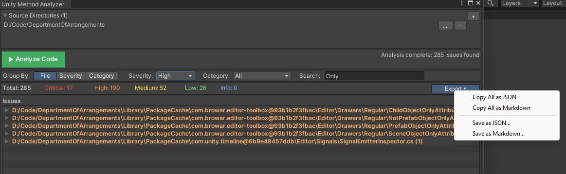 Export menu dropdown