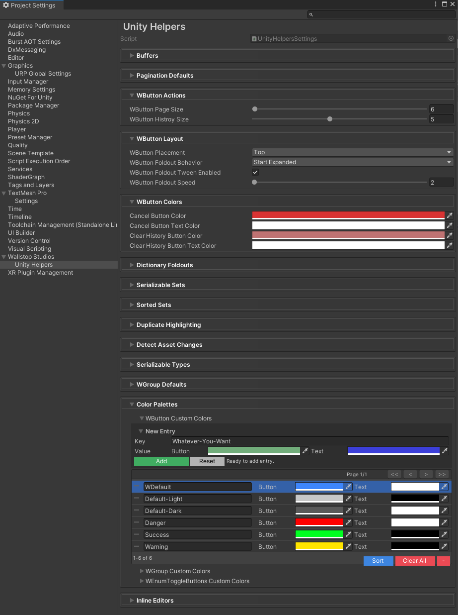 UnityHelpersSettings showing all WButton configuration options