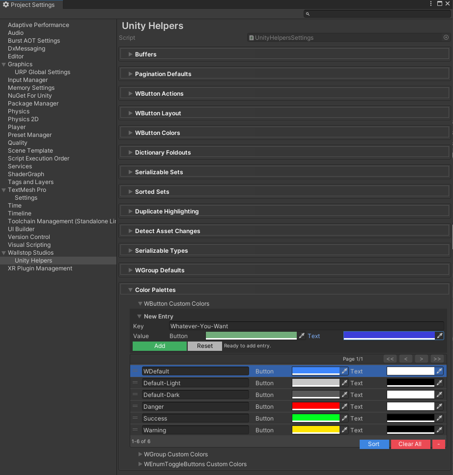 UnityHelpersSettings showing WButton custom color configuration