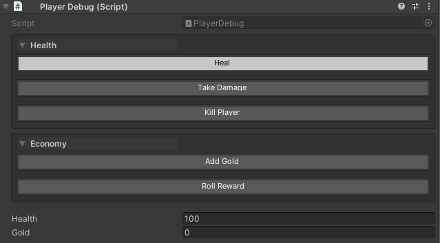PlayerDebug inspector with Health and Economy button groups