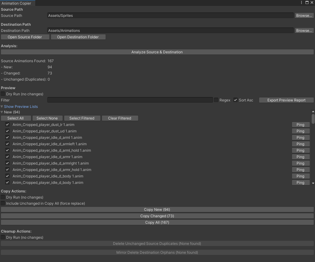 Animation Copier window showing source/destination analysis