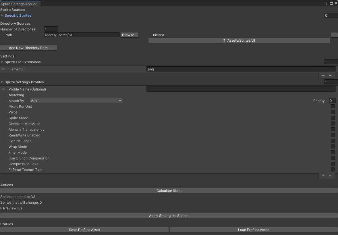 Sprite Settings Applier window showing profile configuration