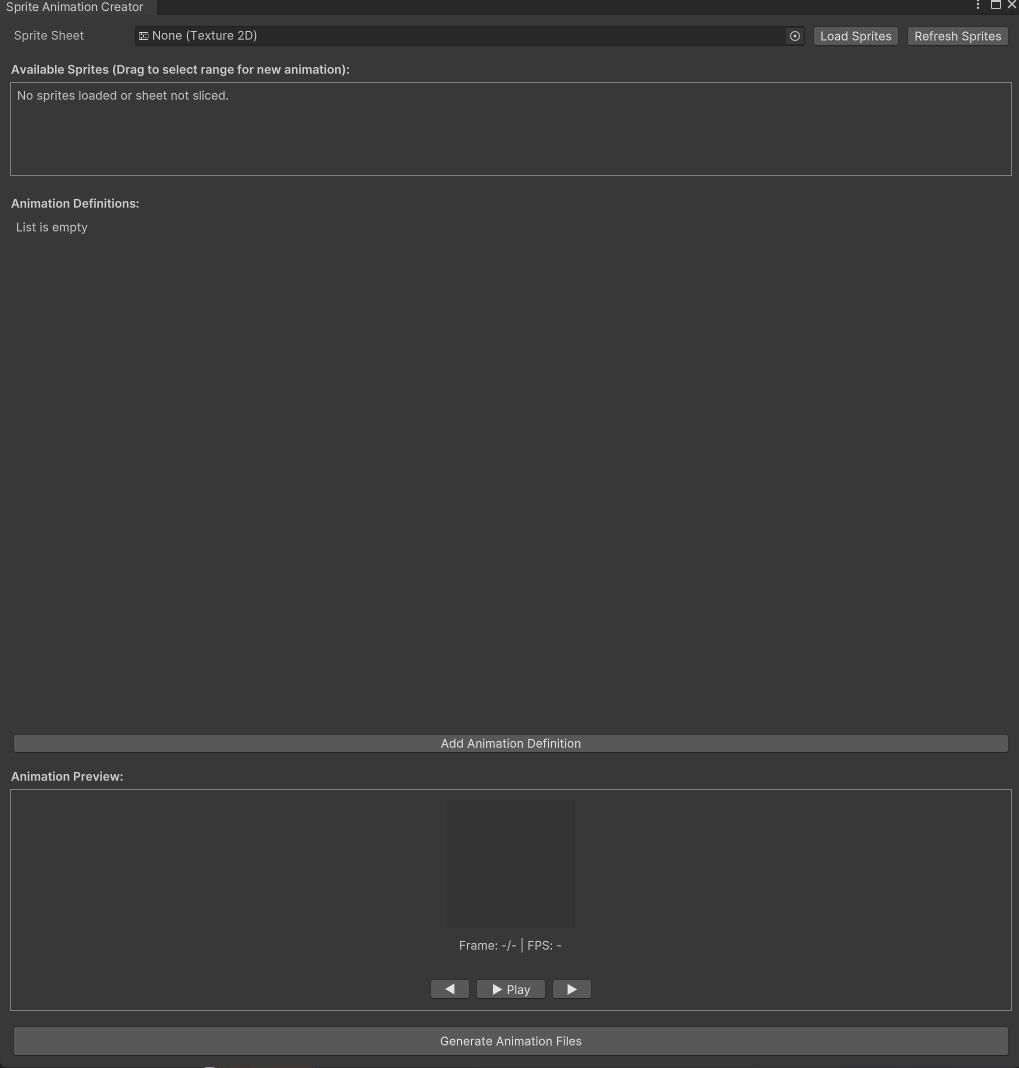 Sprite Sheet Animation Creator showing drag-select across sprite thumbnails with live preview