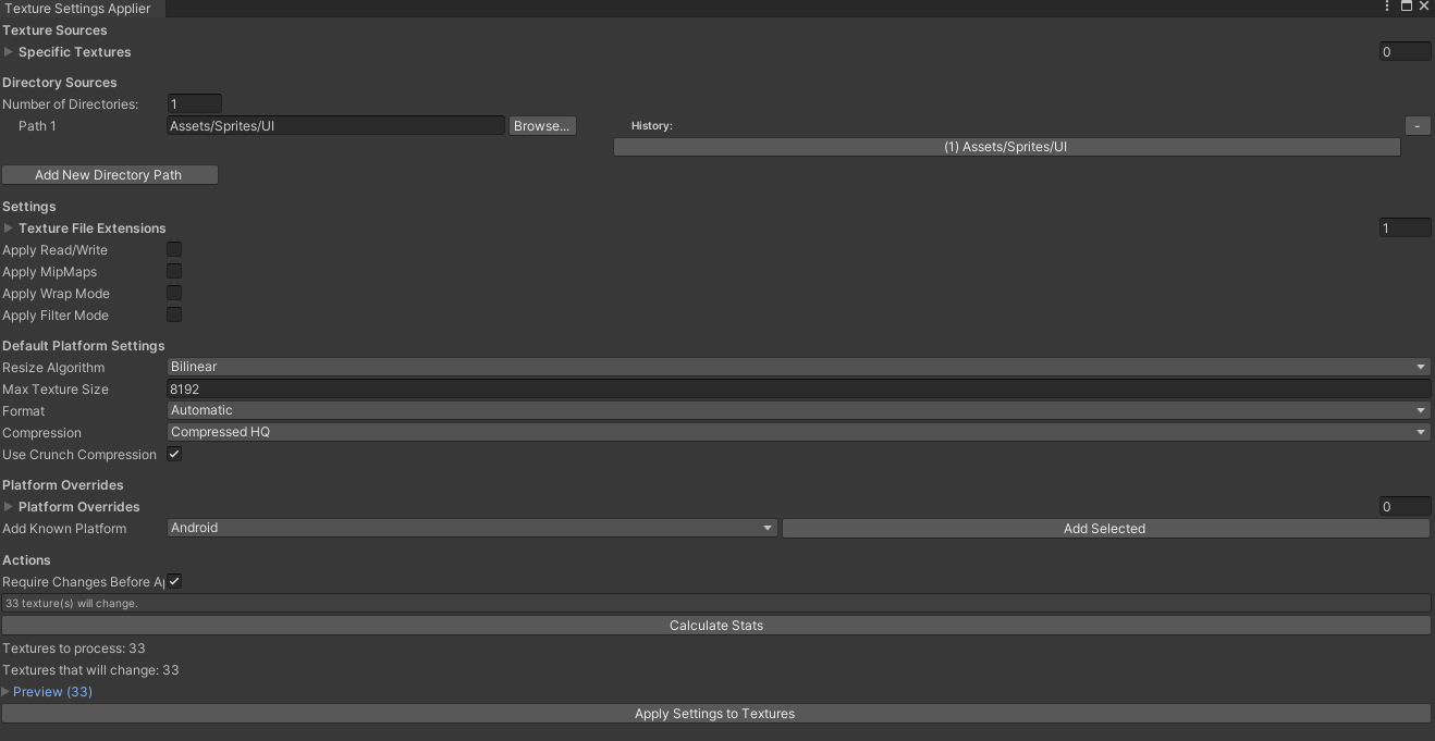 Texture Settings Applier window showing configuration options