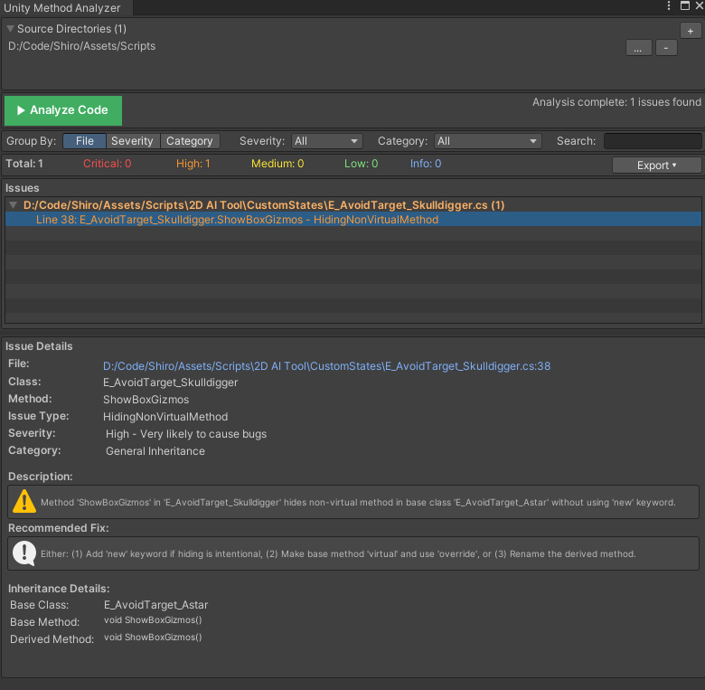 Unity Method Analyzer window showing detected issues