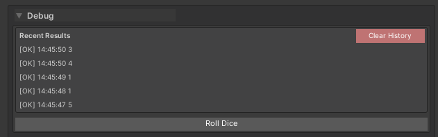 Button with result history showing multiple dice rolls: 4, 2, 6, 1, 5