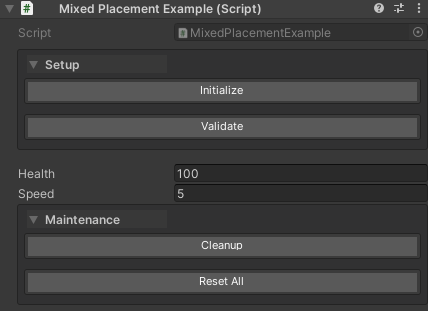 Setup group at top, properties in middle, Maintenance group at bottom