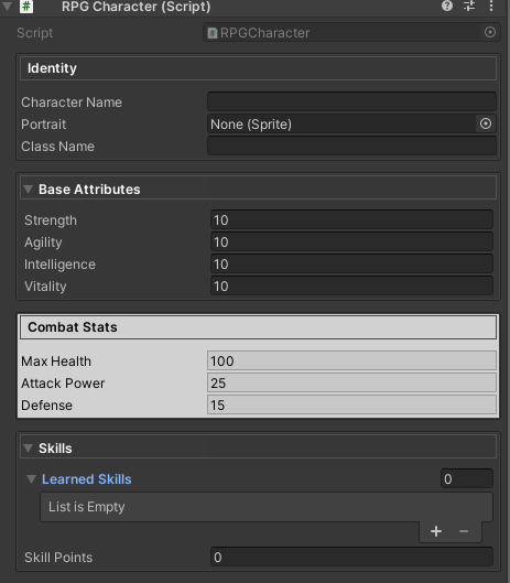 RPGCharacter inspector showing all groups