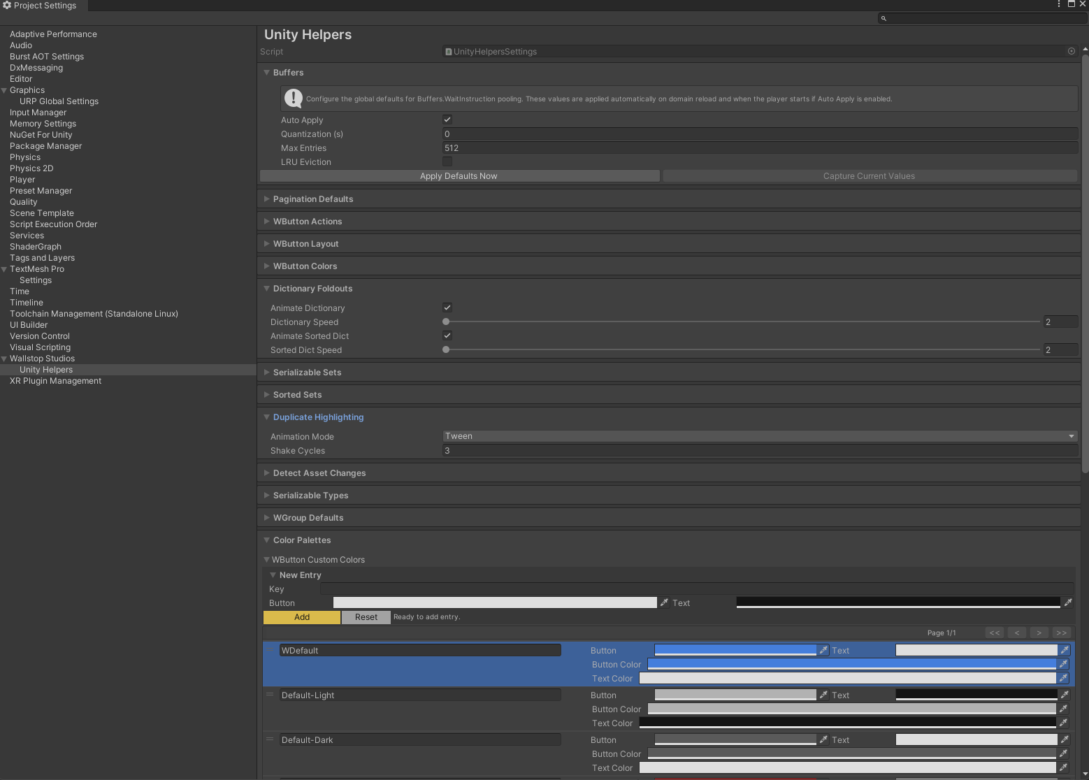 Project Settings window showing Unity Helpers settings