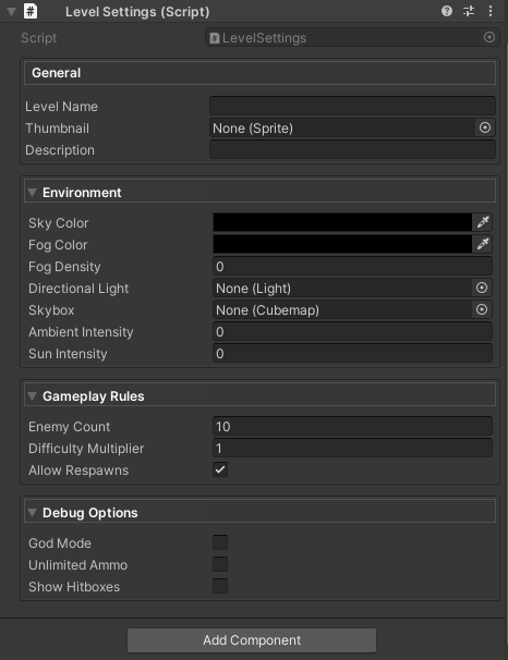 LevelSettings with multiple collapsible groups being toggled