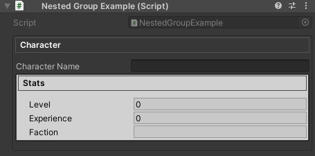 Nested WGroup showing inner Stats box rendered inside outer Character box