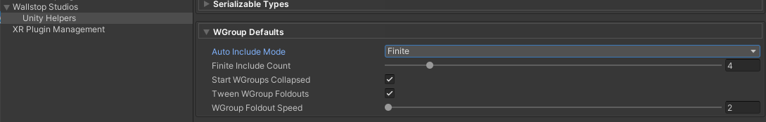 UnityHelpersSettings asset showing WGroup configuration section