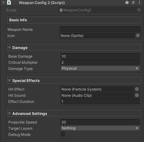 WeaponConfig inspector with mixed open/closed groups
