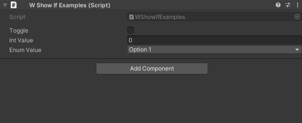 WShowIf examples showing visibility based on bool, int, and enum